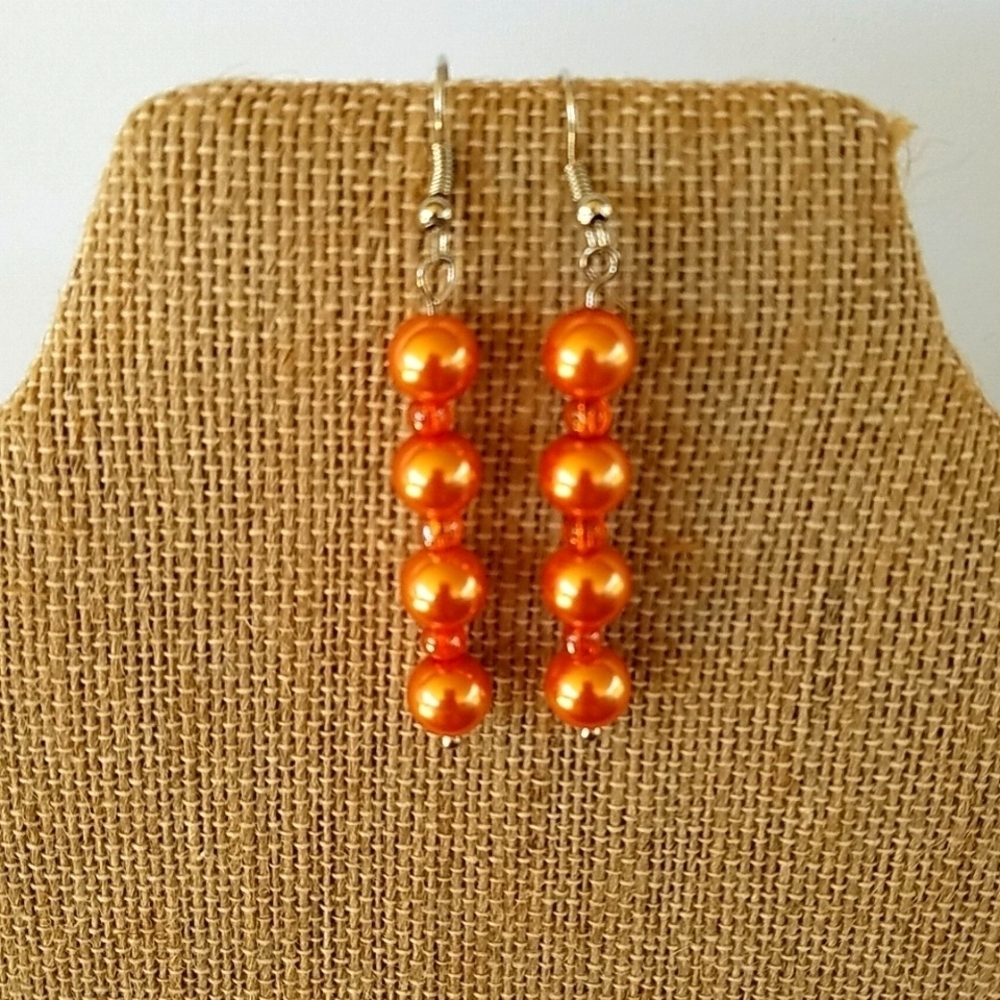 Hand Crafted Pearl Dangle Earrings Orange 2 7/8" Long